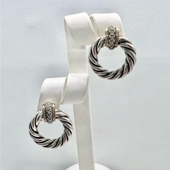 David Yurman Sterling Silver 18k Diamond Cable Door Knocker Earrings - Picture 3 of 12